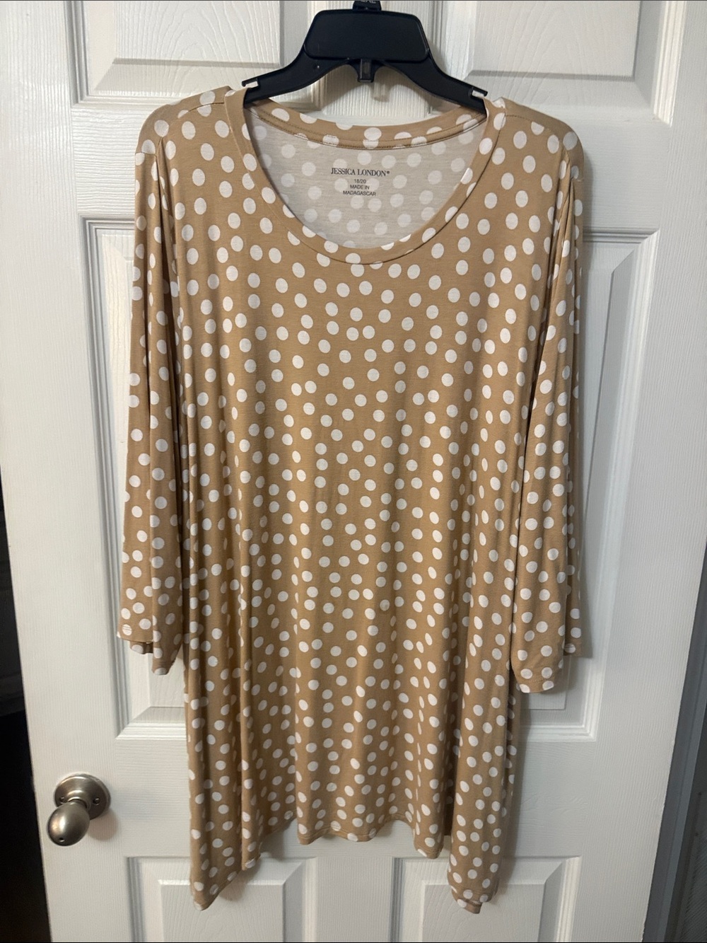 Jessica London Tan and White Polka Dot Long Sleeve Dress